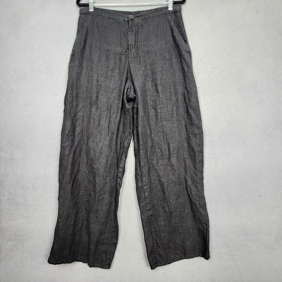 FLAX Pants Womens Small Black 100% Linen Wide Leg Elastic Waist Pockets 32x30 - Picture 1 of 14